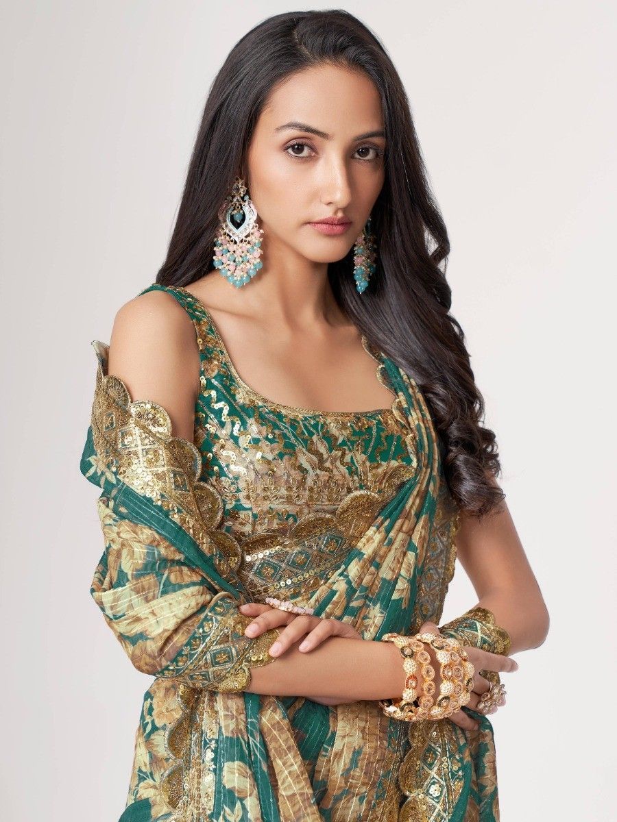 Indian Pakistani Style Teal Blue Color Embroidery & Sequins Work Saree

