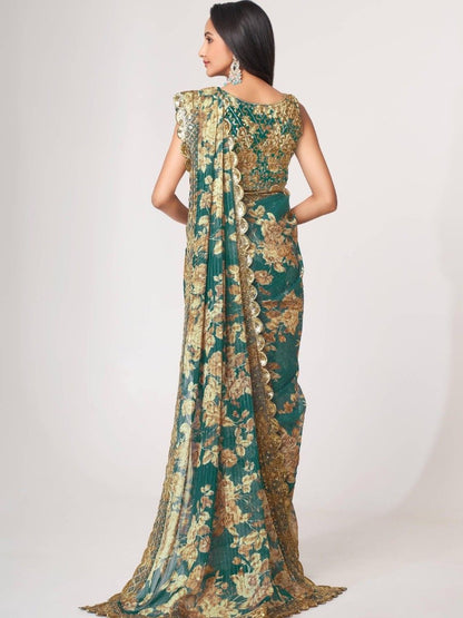 Indian Pakistani Style Teal Blue Color Embroidery & Sequins Work Saree
