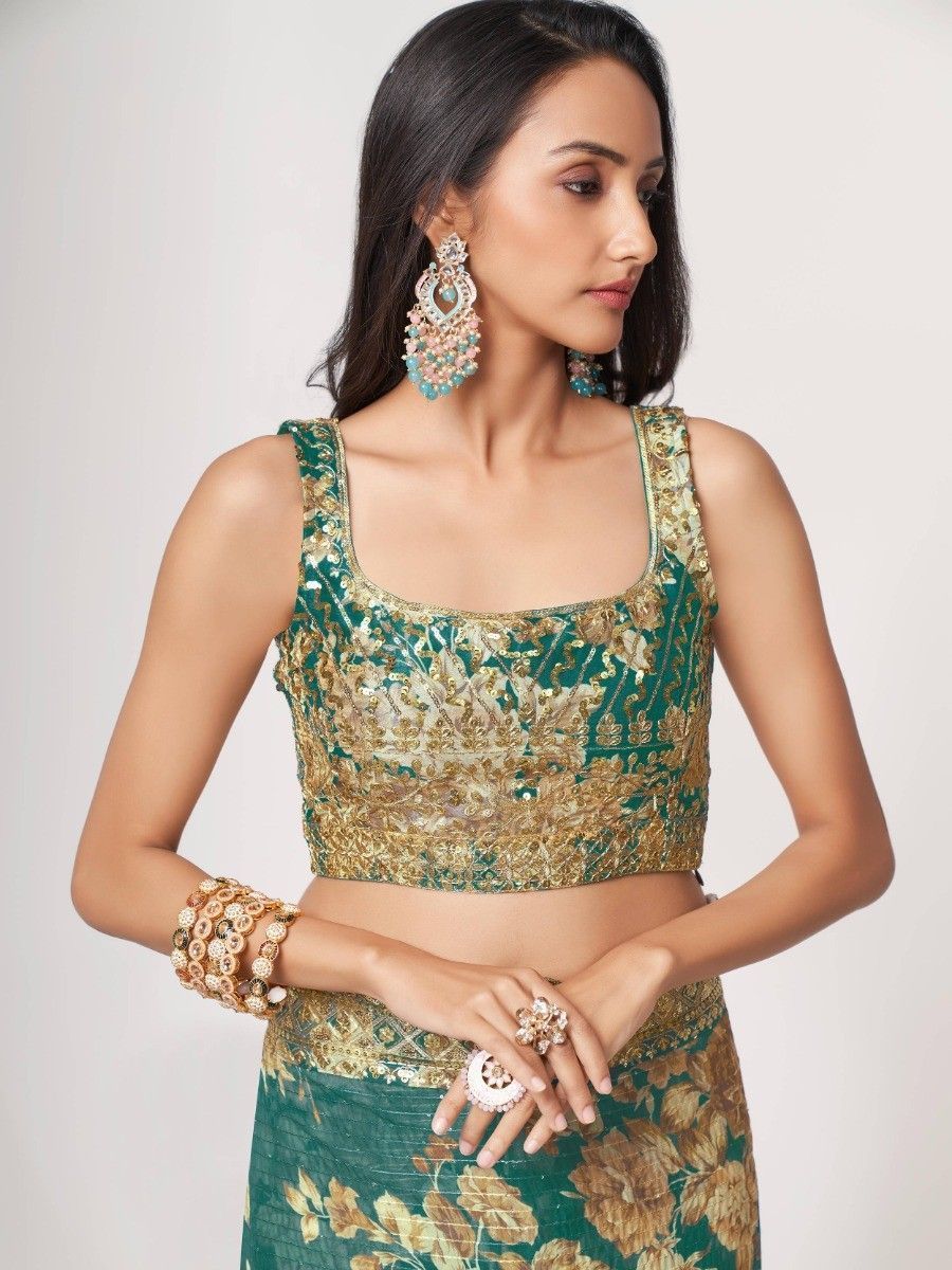 Indian Pakistani Style Teal Blue Color Embroidery & Sequins Work Saree
