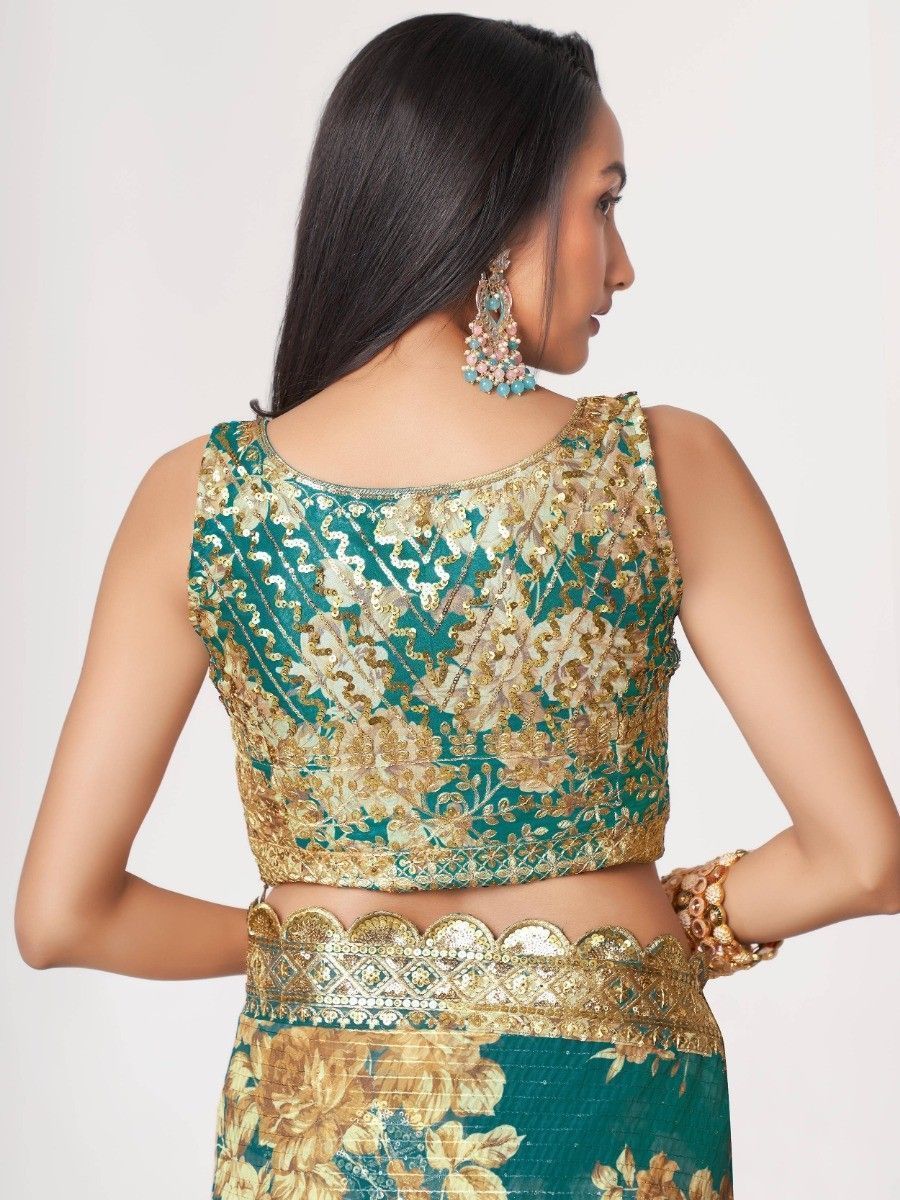 Indian Pakistani Style Teal Blue Color Embroidery & Sequins Work Saree
