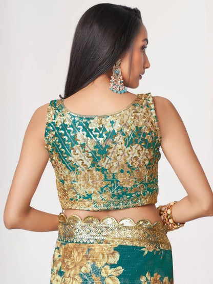 Indian Pakistani Style Teal Blue Color Embroidery & Sequins Work Saree
