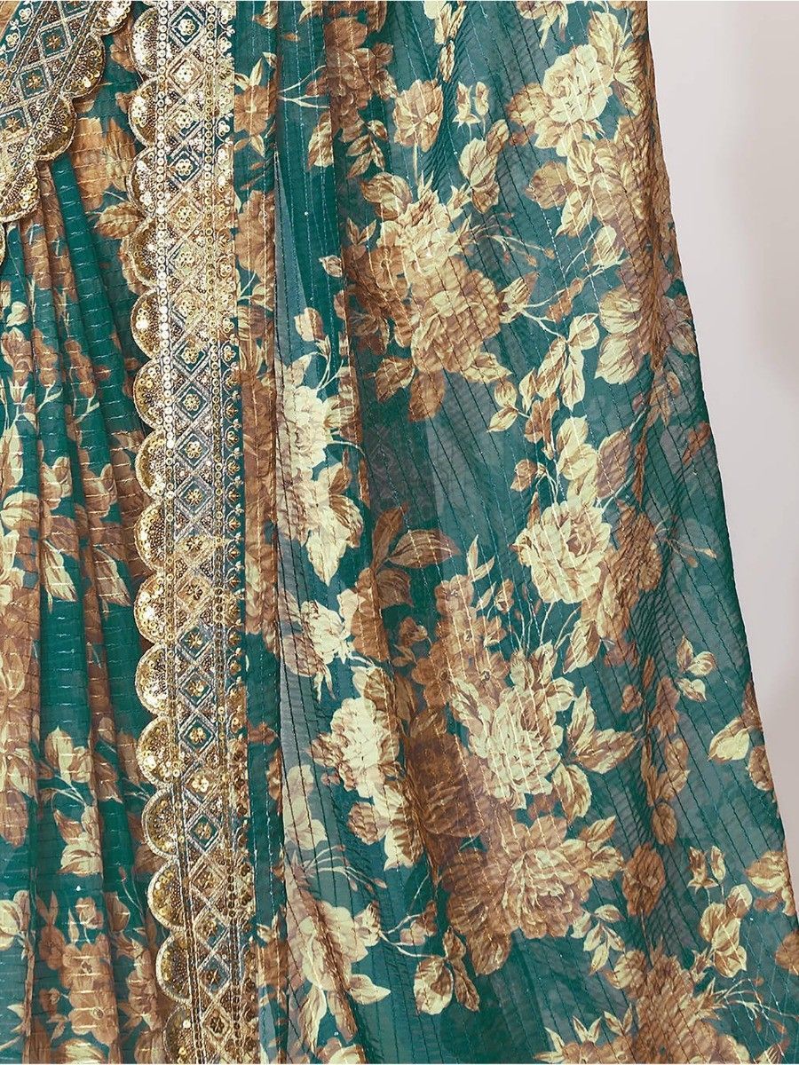 Indian Pakistani Style Teal Blue Color Embroidery & Sequins Work Saree
