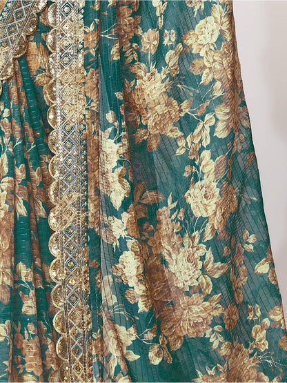 Indian Pakistani Style Teal Blue Color Embroidery & Sequins Work Saree
