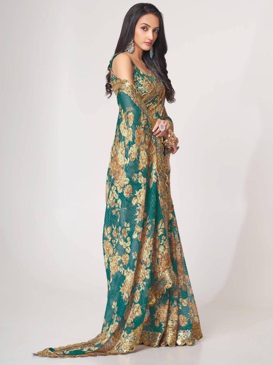 Indian Pakistani Style Teal Blue Color Embroidery & Sequins Work Saree
