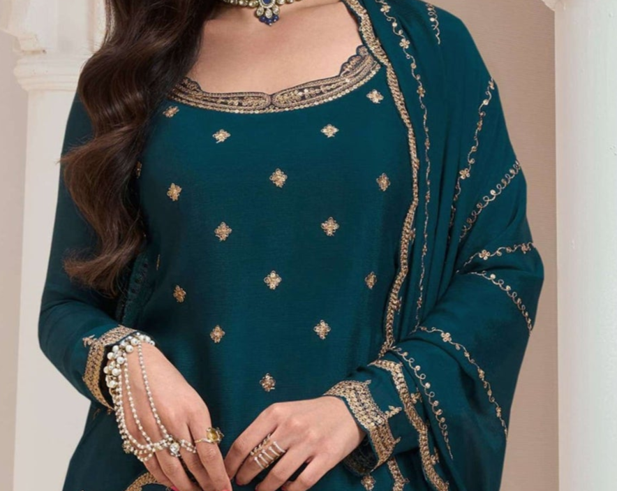Attractive Designer Embroidery Chinon Fabric Salwar Kameez Plazzo Suit