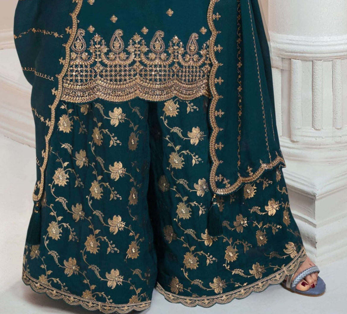 Attractive Designer Embroidery Chinon Fabric Salwar Kameez Plazzo Suit