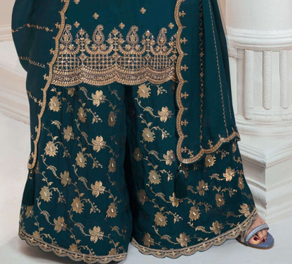 Attractive Designer Embroidery Chinon Fabric Salwar Kameez Plazzo Suit