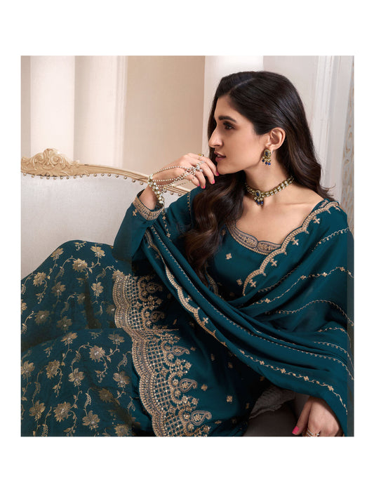 Attractive Designer Embroidery Chinon Fabric Salwar Kameez Plazzo Suit