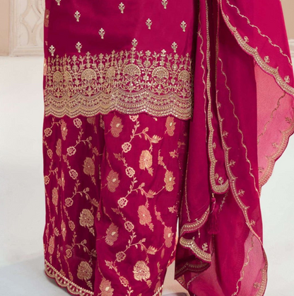 Attractive Designer Embroidery Chinon Fabric Salwar Kameez Plazzo Suit