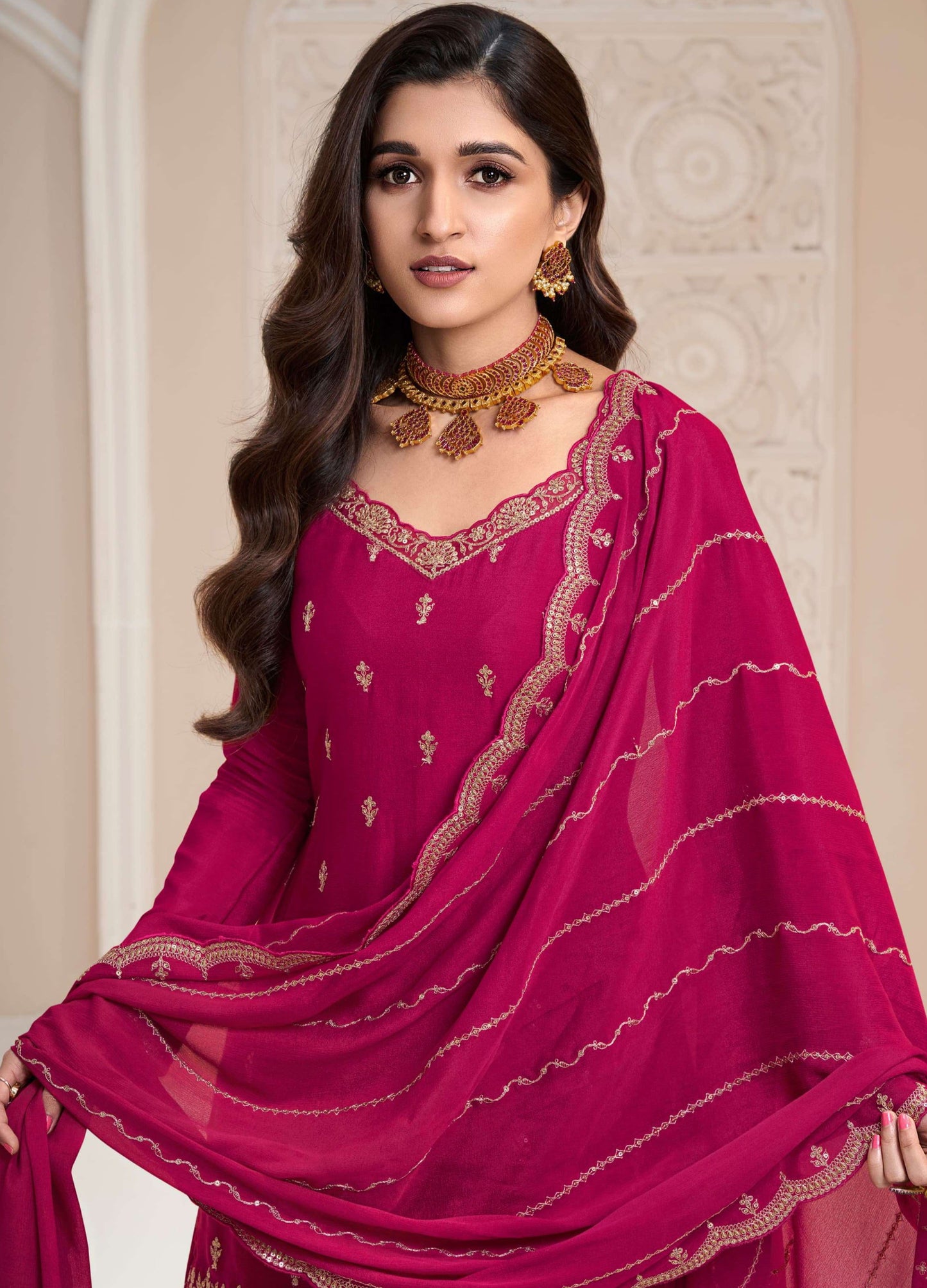 Attractive Designer Embroidery Chinon Fabric Salwar Kameez Plazzo Suit