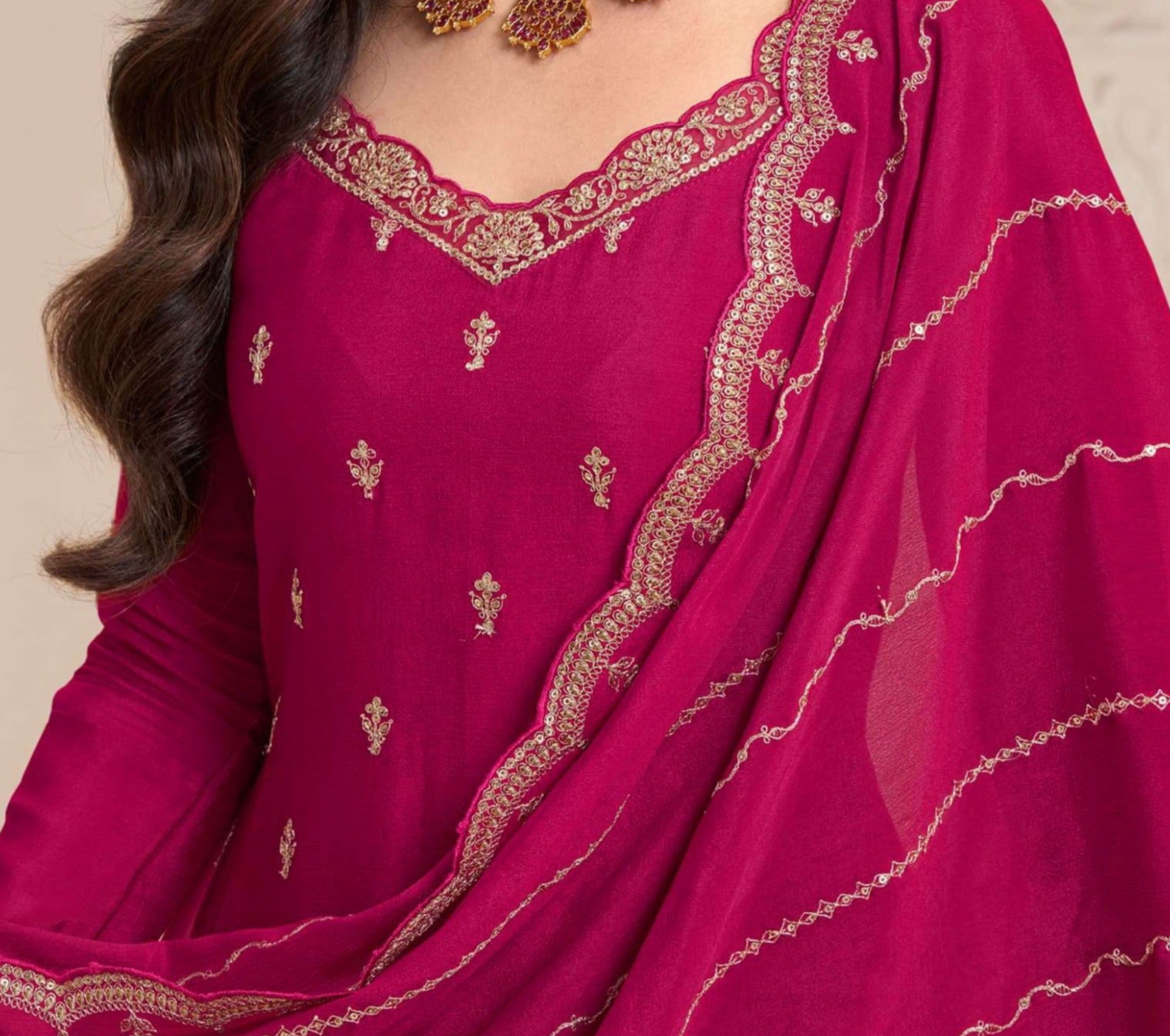 Attractive Designer Embroidery Chinon Fabric Salwar Kameez Plazzo Suit