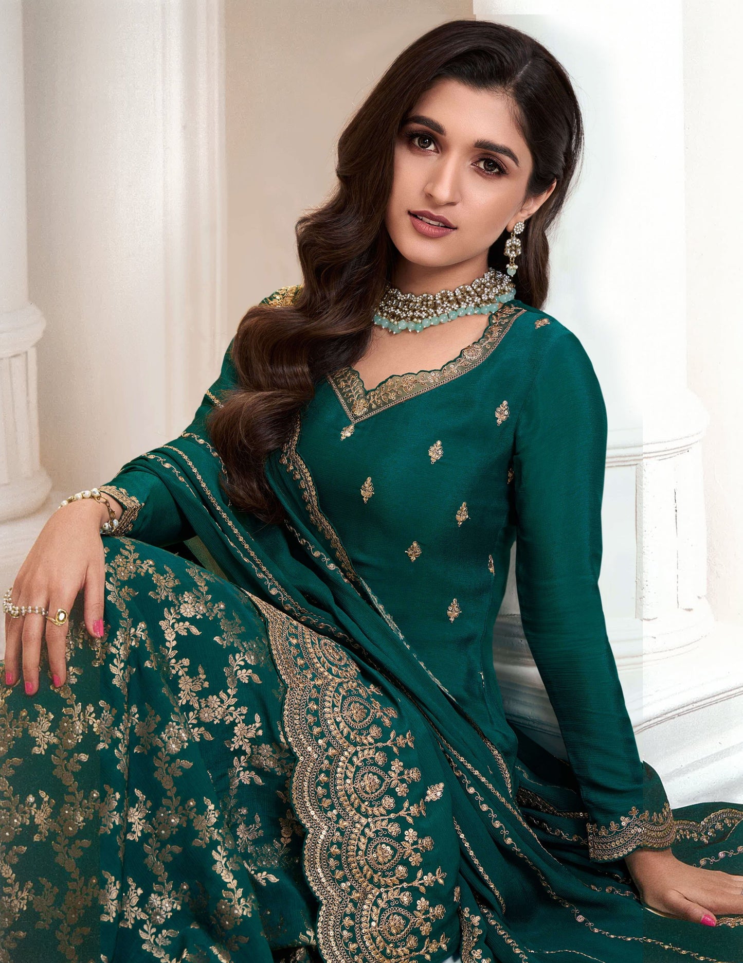 Attractive Designer Embroidery Chinon Fabric Salwar Kameez Plazzo Suit