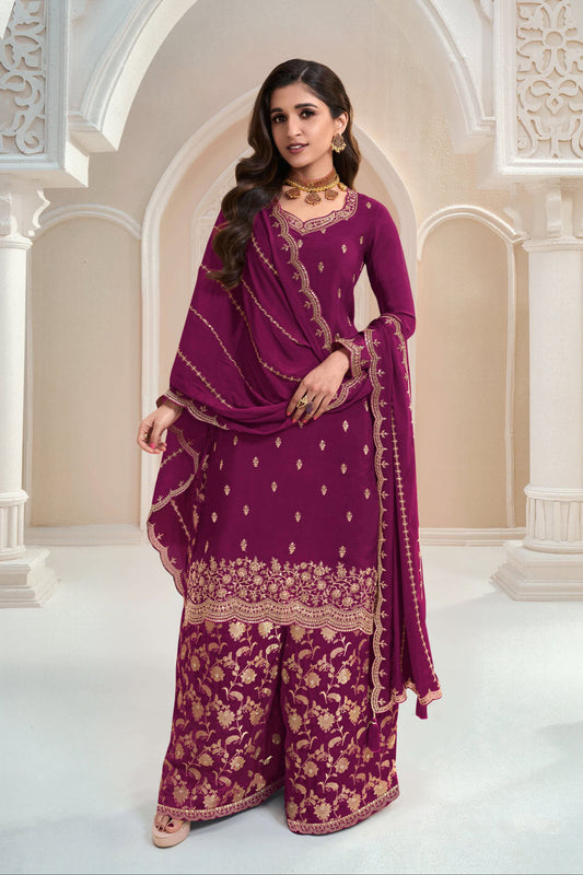 Attractive Designer Embroidery Chinon Fabric Salwar Kameez Plazzo Suit