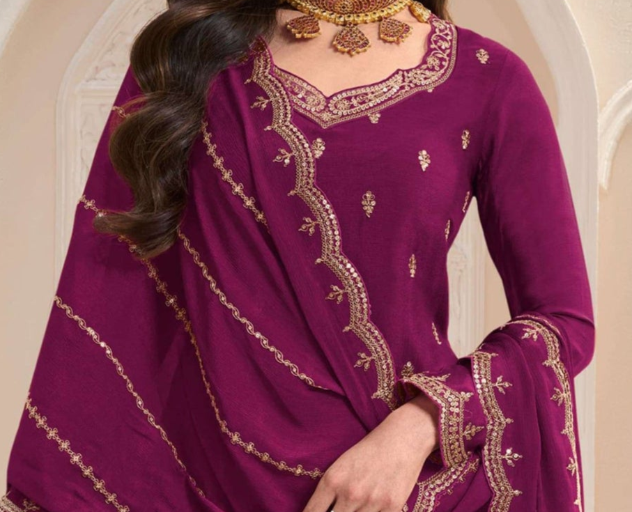 Attractive Designer Embroidery Chinon Fabric Salwar Kameez Plazzo Suit