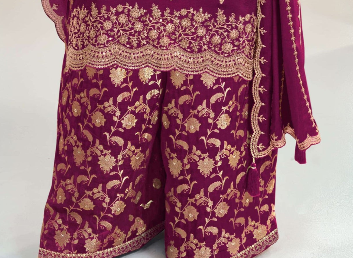 Attractive Designer Embroidery Chinon Fabric Salwar Kameez Plazzo Suit