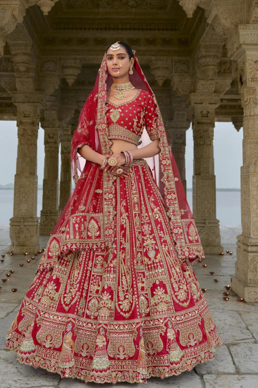 Red Color Raw Silk Bridal Wedding Lehenga with Heavy Net Dupatta USA