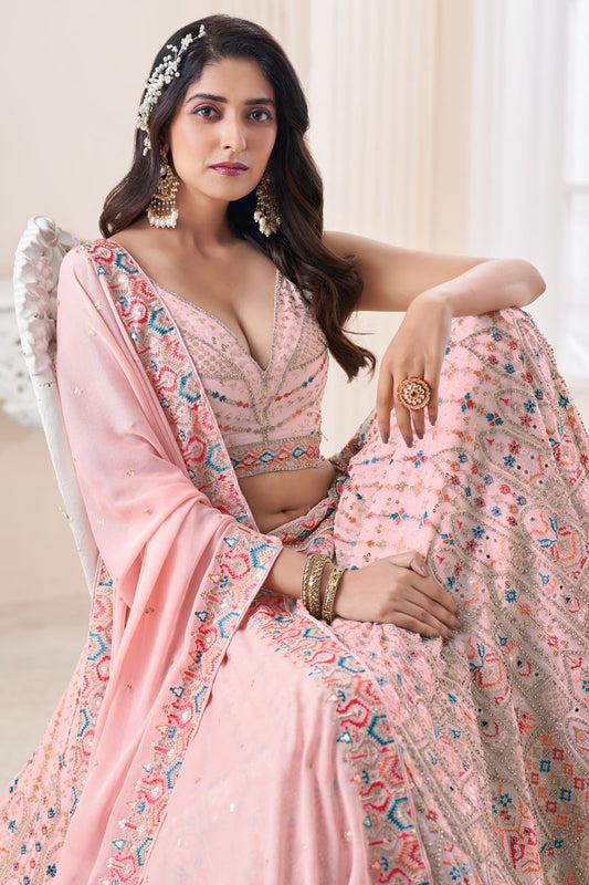 Amazing Peach Color Indian Wedding Wear Georgette Fabric Lehenga Choli
