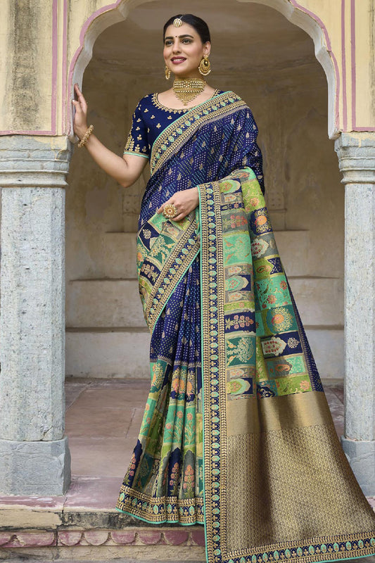 Pretty Blue Color Silk Fabric Embroidery Work Party Wear Saree