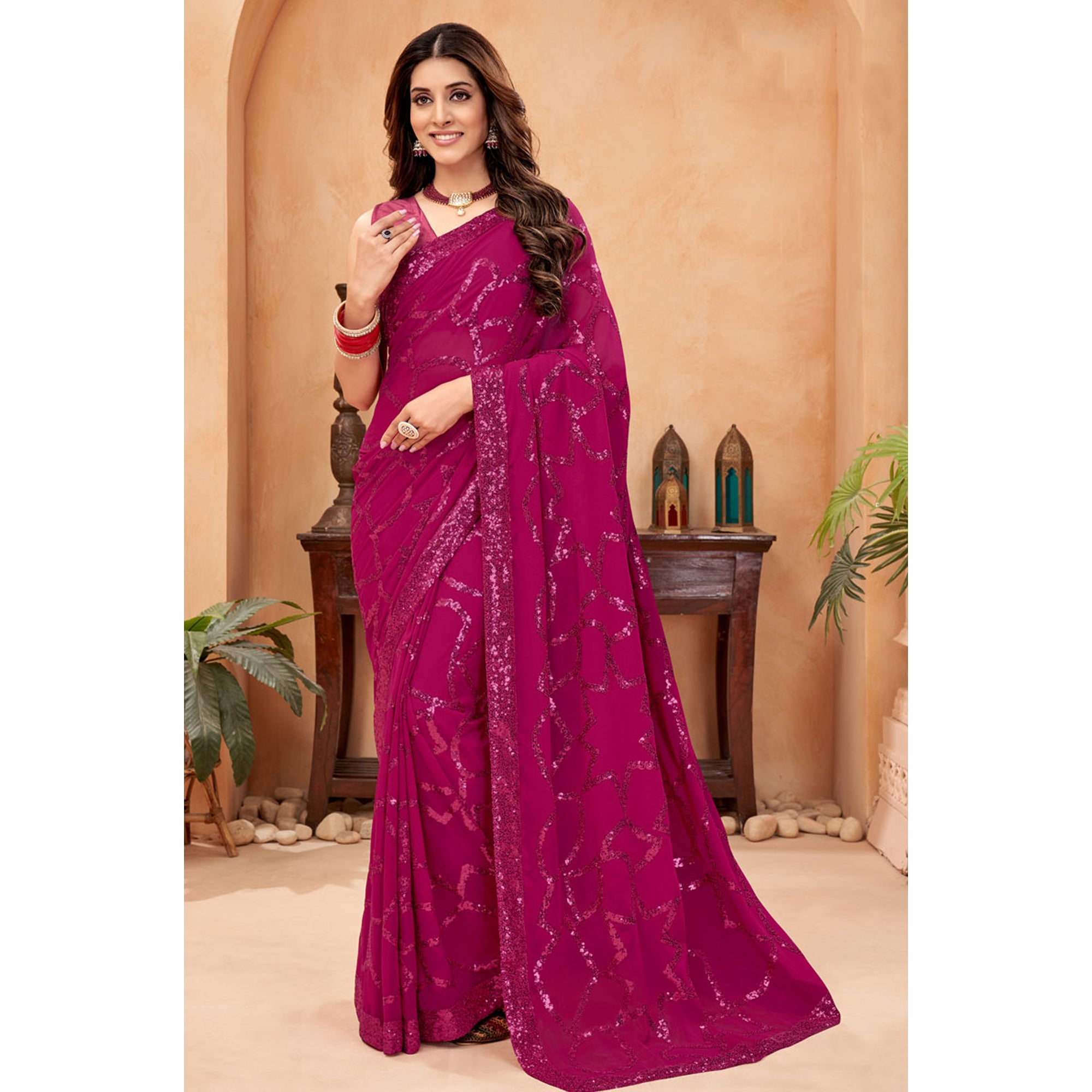 Wonderful Pink Color Georgette Fabric Gorgeous Saree With Blouse