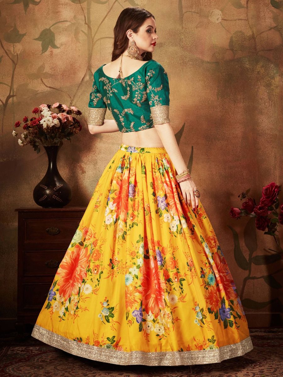 Awesome Yellow Color Designer Printed Embroidery Work Lehenga Blouse
