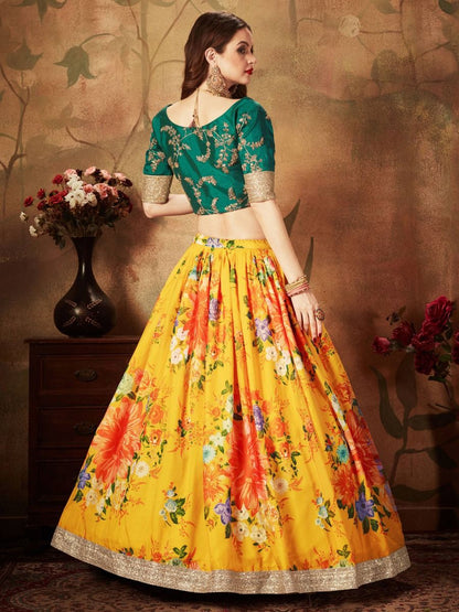 Awesome Yellow Color Designer Printed Embroidery Work Lehenga Blouse
