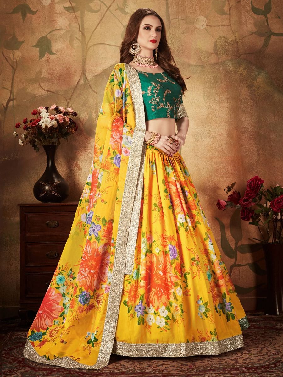 Awesome Yellow Color Designer Printed Embroidery Work Lehenga Blouse
