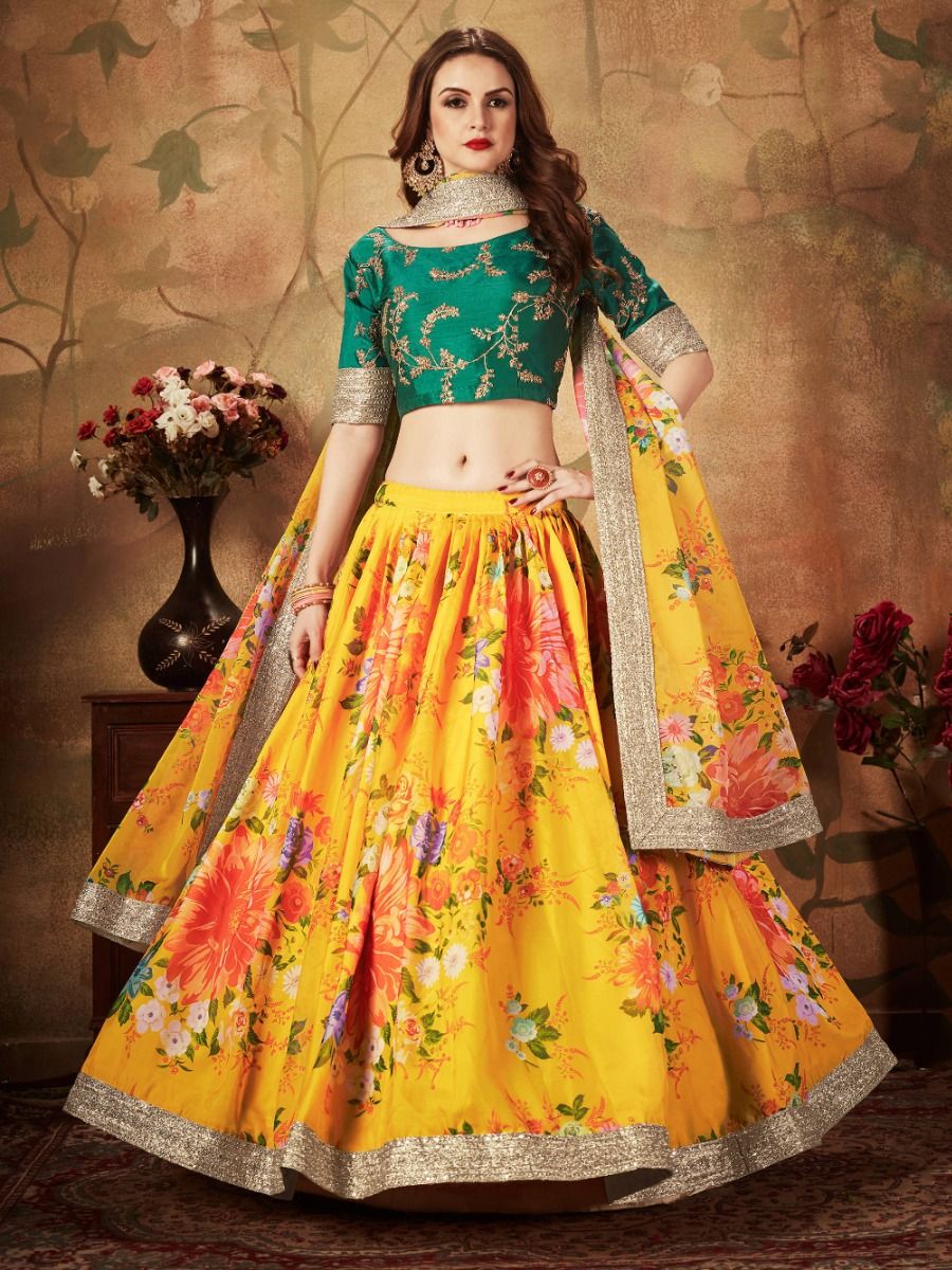 Awesome Yellow Color Designer Printed Embroidery Work Lehenga Blouse
