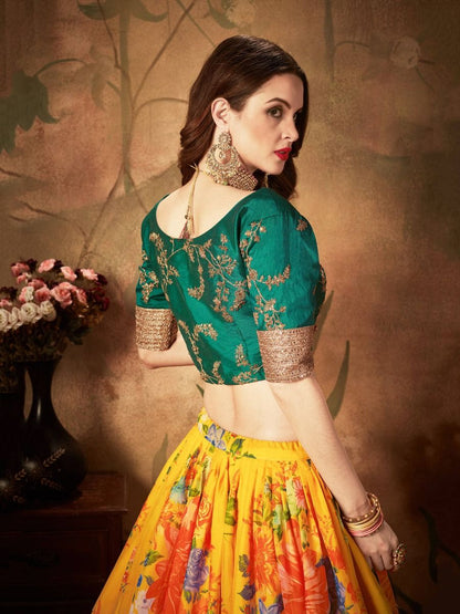 Awesome Yellow Color Designer Printed Embroidery Work Lehenga Blouse
