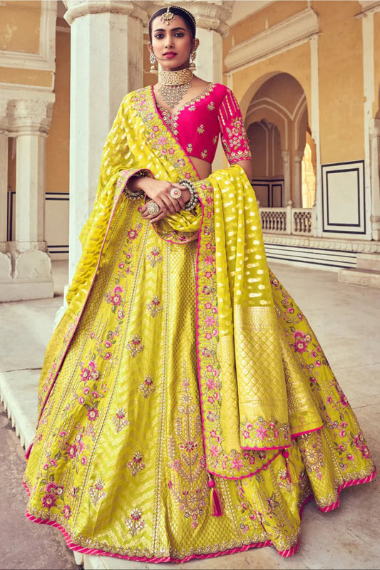 Yellow Color Thread Work Haldi Wear Lehenga Blouse With Silk Dupatta

