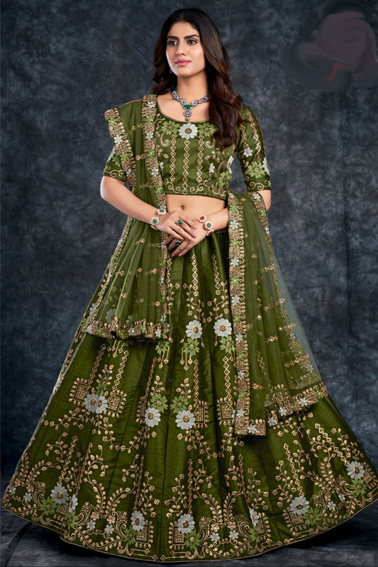 Latest Olive Green USA Mehendi Function wear Silk Heavy Lehenga Choli

