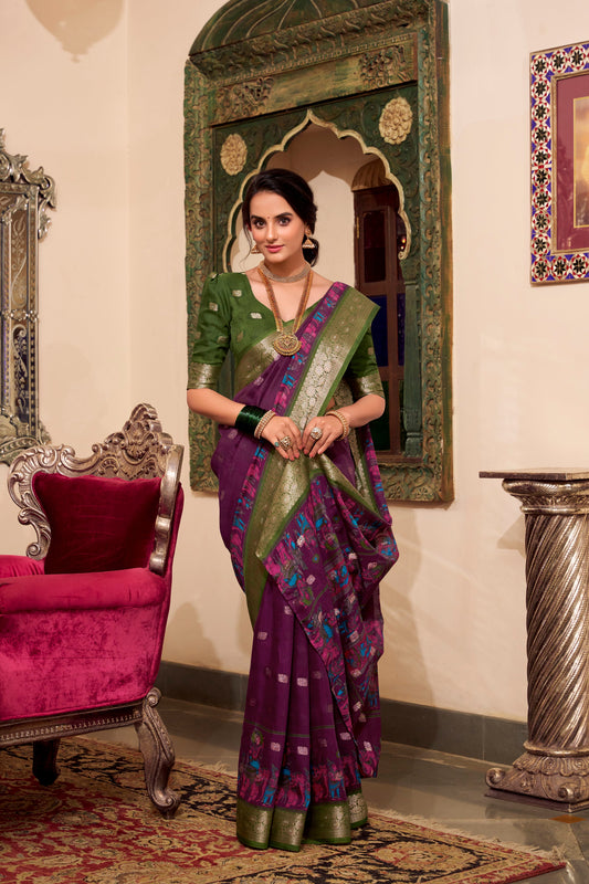 Indian Traditional Wine Color Designer Satin Work Party Wear Saree With Green Blouse