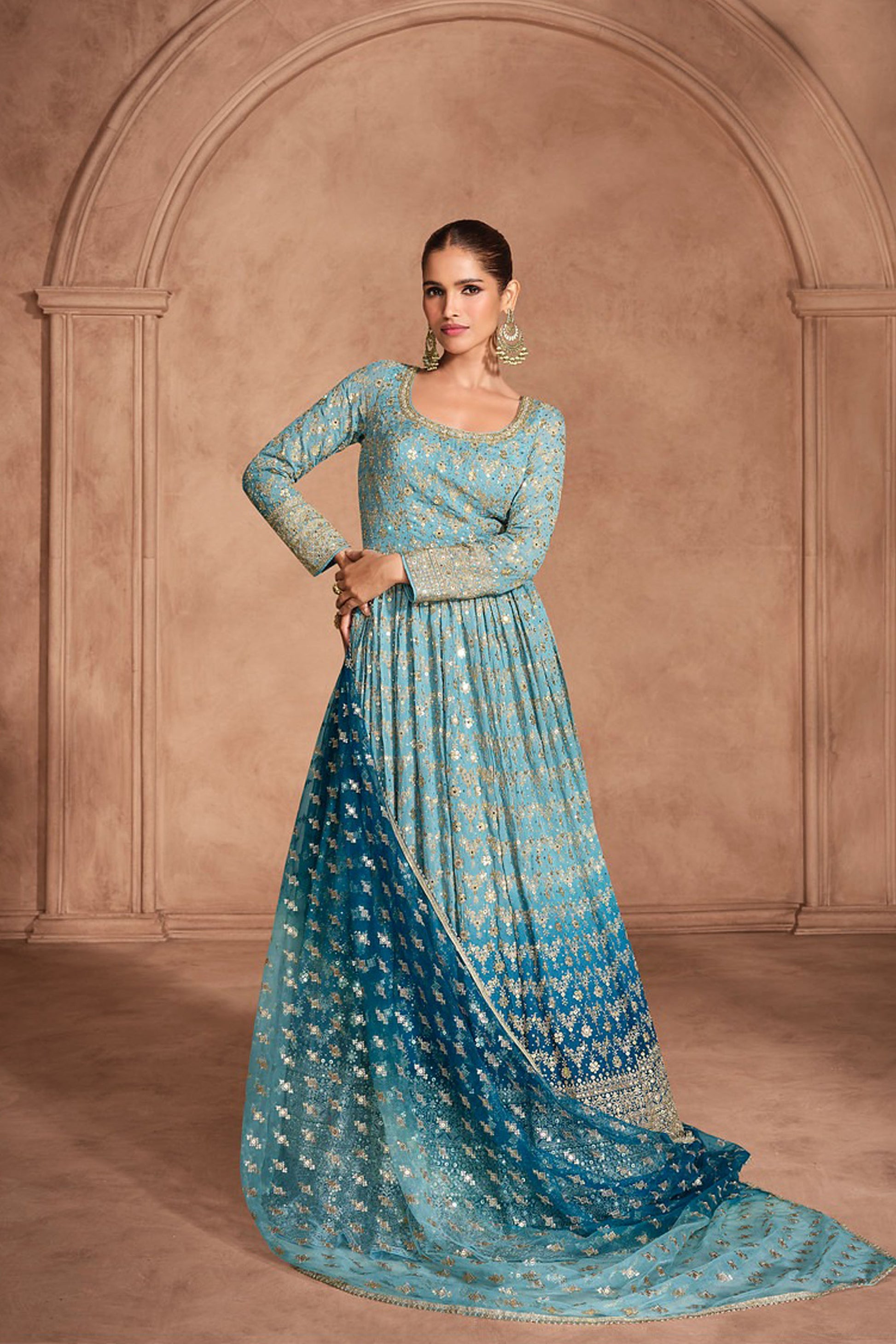 Gown for Indian women in blue color for reception and night party –