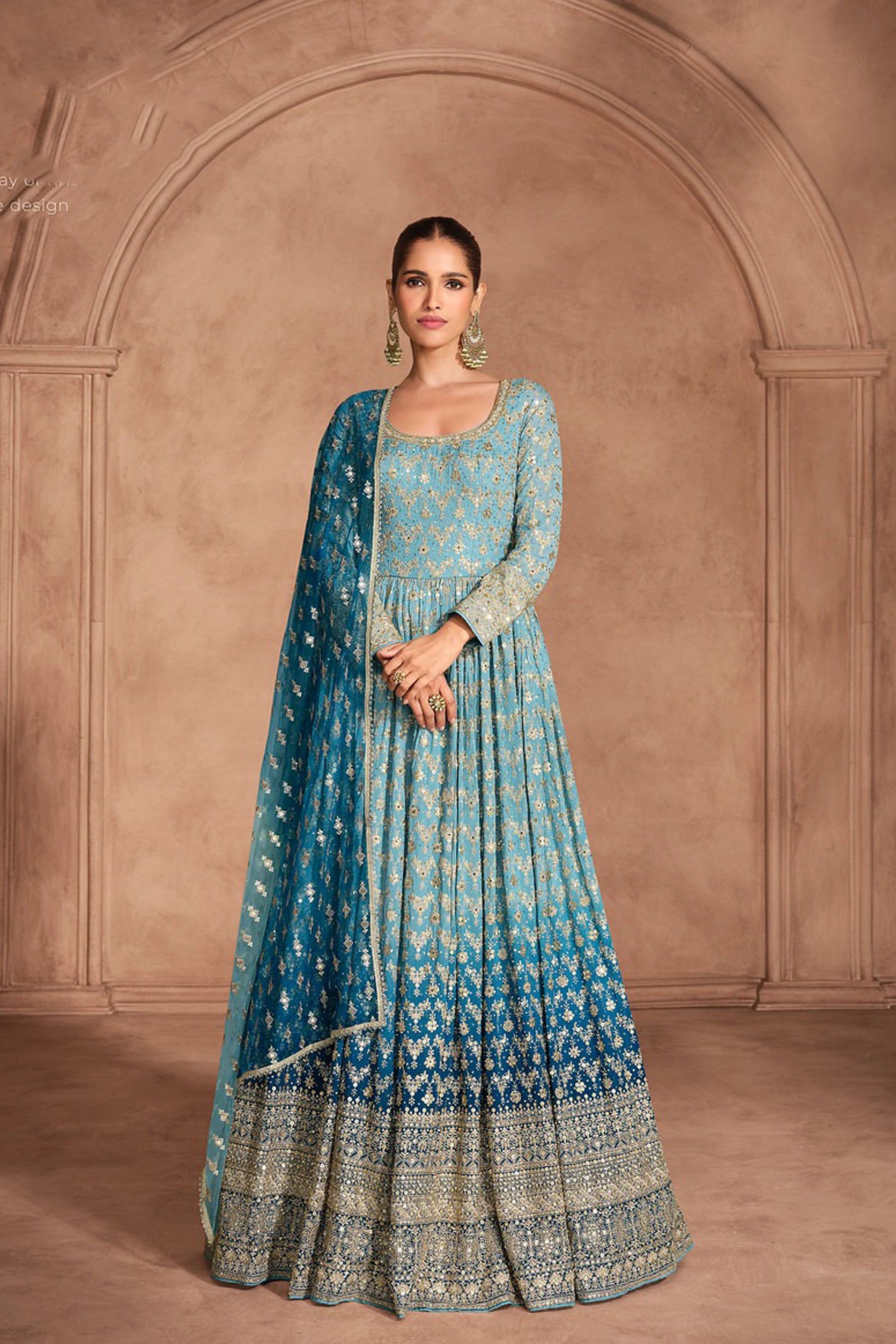 Designer Embroidery Worked Anarkali Gown for Indian Wedding in the USA / Olive Green / Unstitch