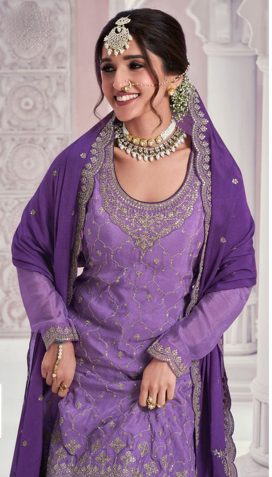 Traditional Designer Chinon With Embroidery Work Salwar Kameez Sharara Suit