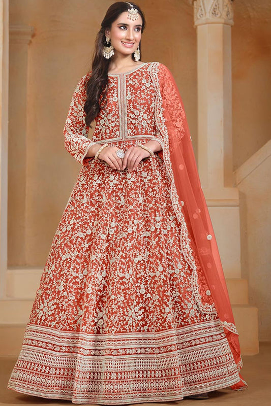 Indian Pakistani Designer Santoon Embroidery Work Anarkali Gown Suits With Net Dupatta