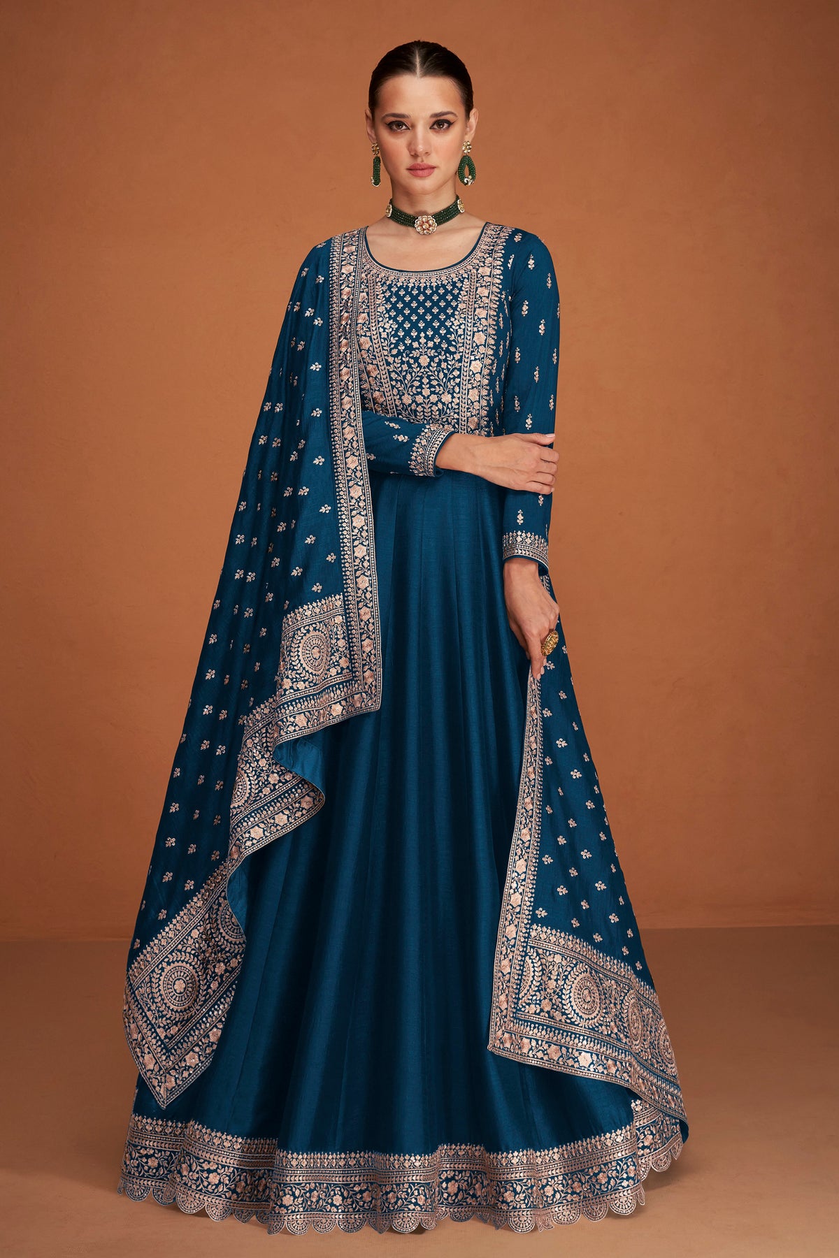 Blue embroidered plus size Indian Anarkali gown for weddings and parties