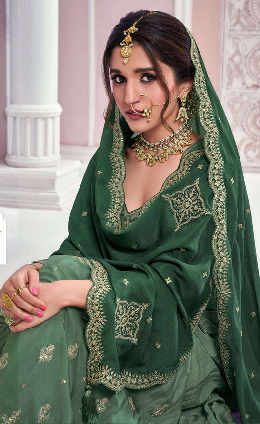 Traditional Designer Chinon With Embroidery Work Salwar Kameez Sharara
