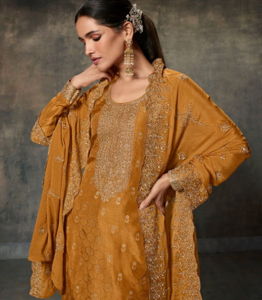 Beautiful Designer Coding Embroidery Work & Dola Silk Salwar Kameez Pant Suits
