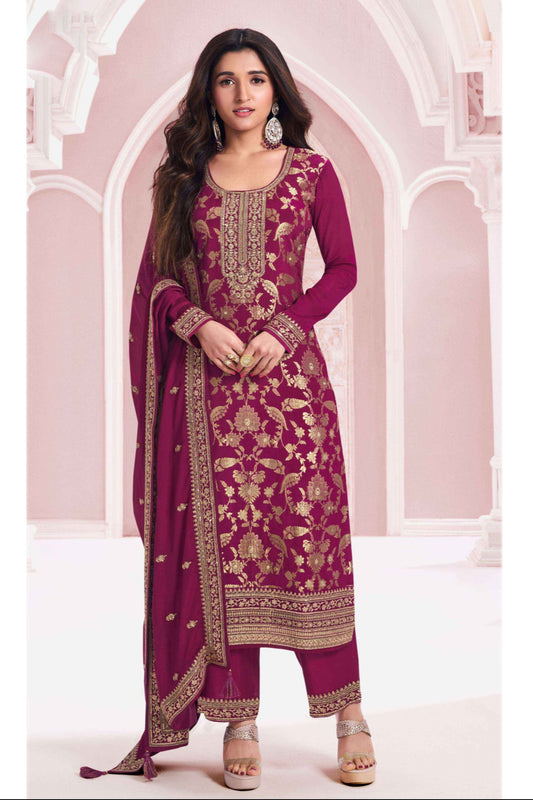 Jacquard Designer Elegant Salwar Kameez With Lace Embroidery and Santoon Bottom