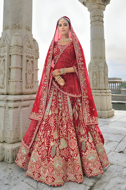 Red Color Silk Wedding Bridal Wear Heavy Lehenga Choli with Net Dupatta
