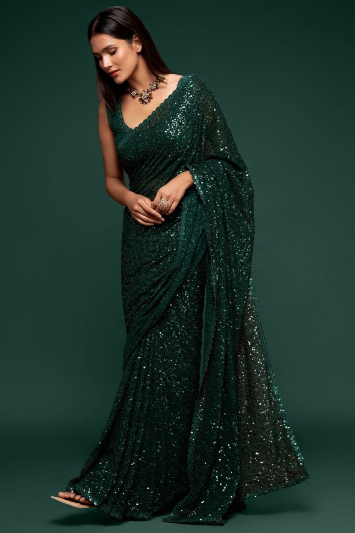 Green Color Designer Party Wear Georgette Saree With Stitched Blouse
