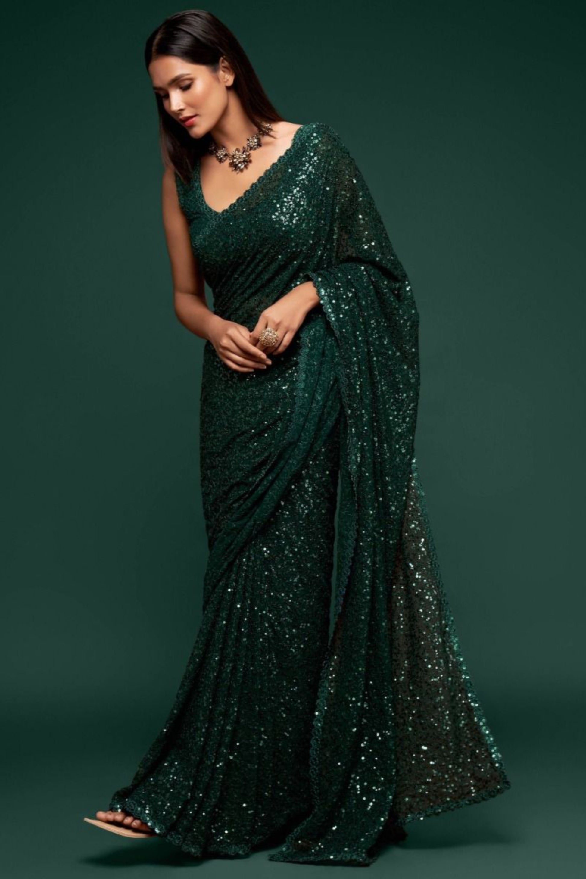 Green Color Designer Party Wear Georgette Saree With Stitched Blouse
