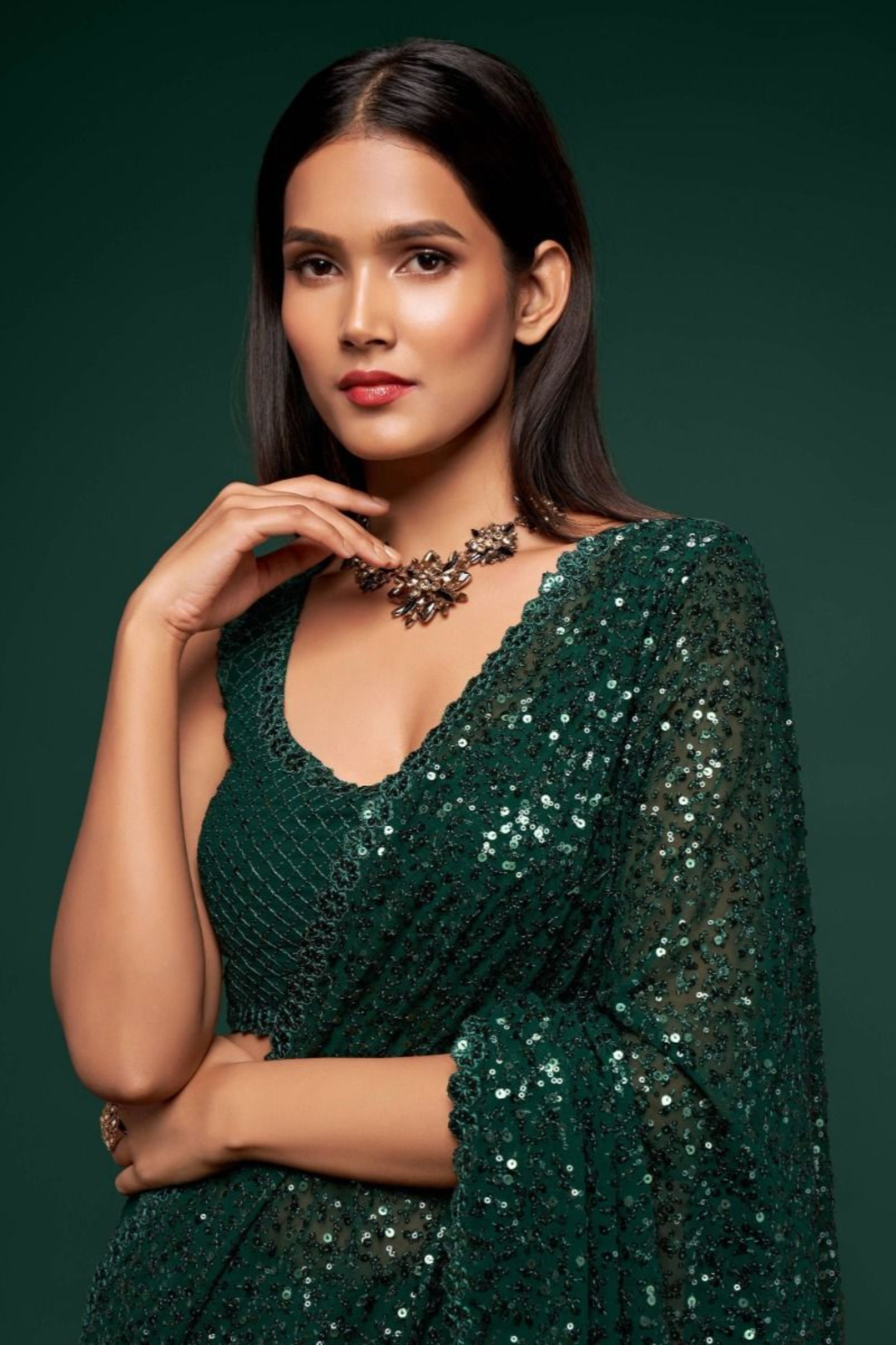 Green Color Designer Party Wear Georgette Saree With Stitched Blouse
