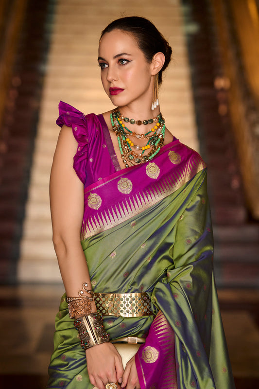 Heavy Stitched Blouse Saree Green Color Silk Indian Wedding Party Wear Sari
