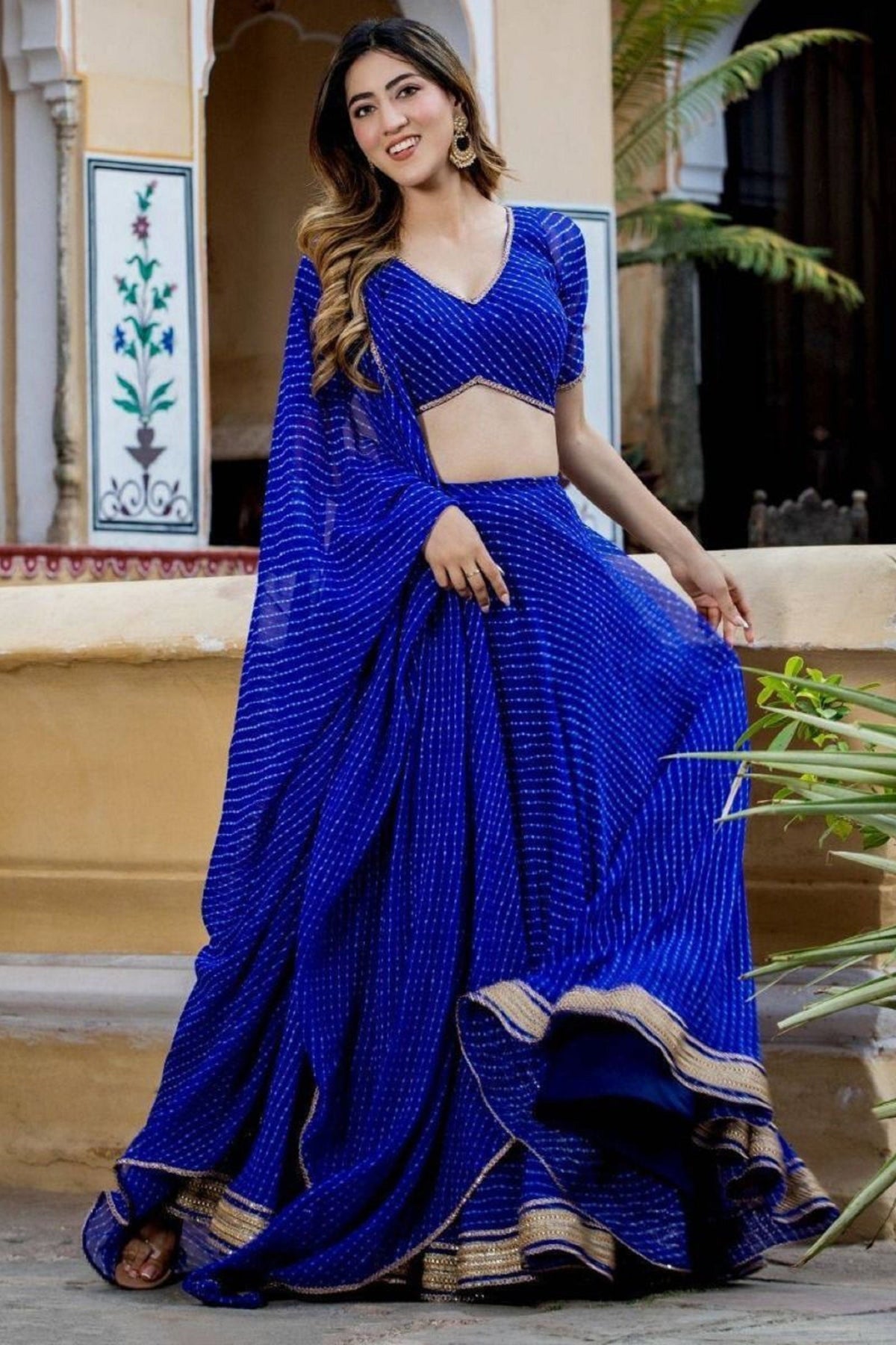 Designer Indian Bandhani print wedding guest lehenga choli