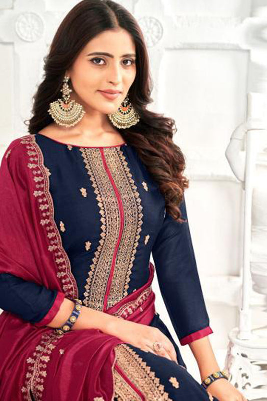 New Casual Wear Stitched Vichitra Silk Salwar Kameez Suit With Dupatta