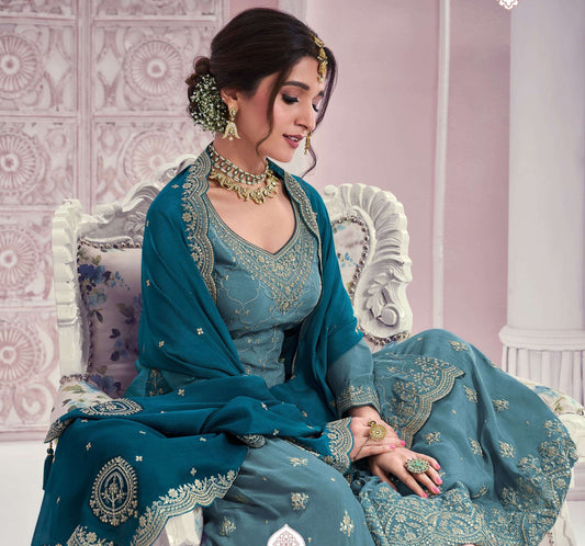 Indian Ethnic Wear Chinon With Embroidery Work Salwar Kameez Sharara