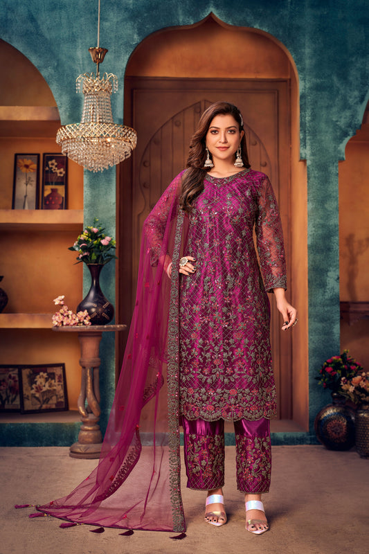 Eid Special Heavy Designer Embroidery Work Net Fabric Trouser Pant Suit
