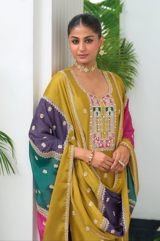 Luxury Shalwar Kameez Pant Suit with Heavy Chinon Top & Embroidered Silk Bottom