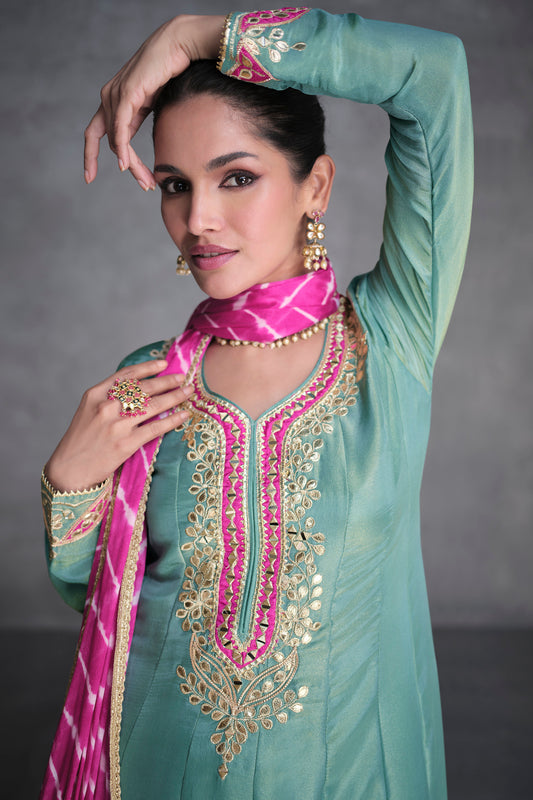 Designer Simar Organza Silk Shalwar Kameez Set with Embroidered Chinon Silk Dupatta